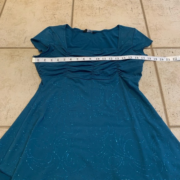 Mariposa Y2K Glitter Ruched Asymmetrical Blouse - Teal, Size L - Picture 4 of 6
